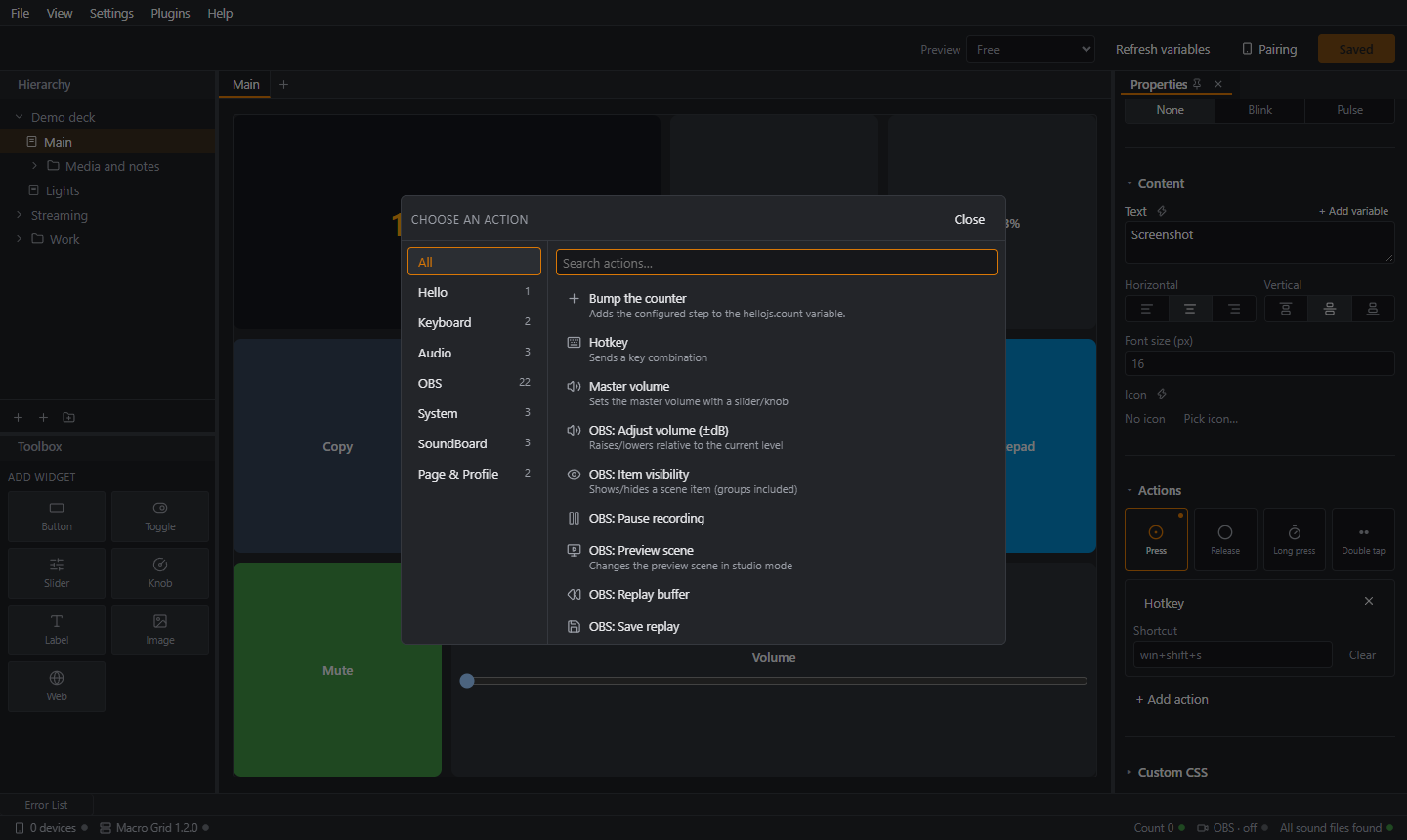 The action picker, grouped by category and searchable