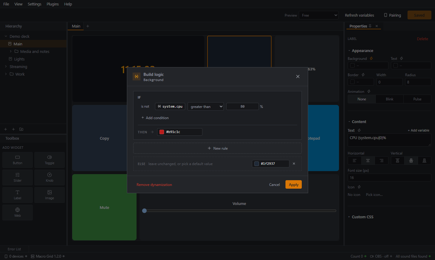The Build logic window with two cases for the background color