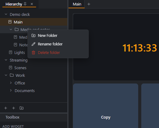 The Hierarchy: profiles, pages and folders in one tree, with the folder menu
