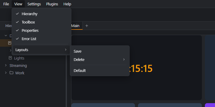 The View menu with the Layouts submenu