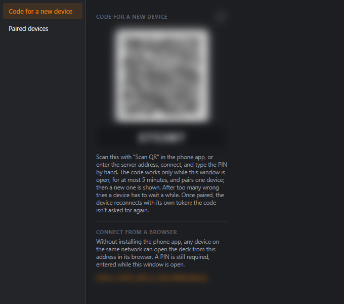 The Pairing window with the code, QR code and browser address (blurred)