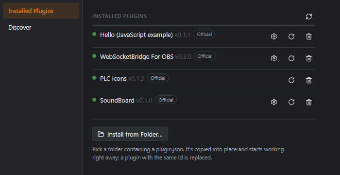 The Plugins window with OBS and PLC Icons installed